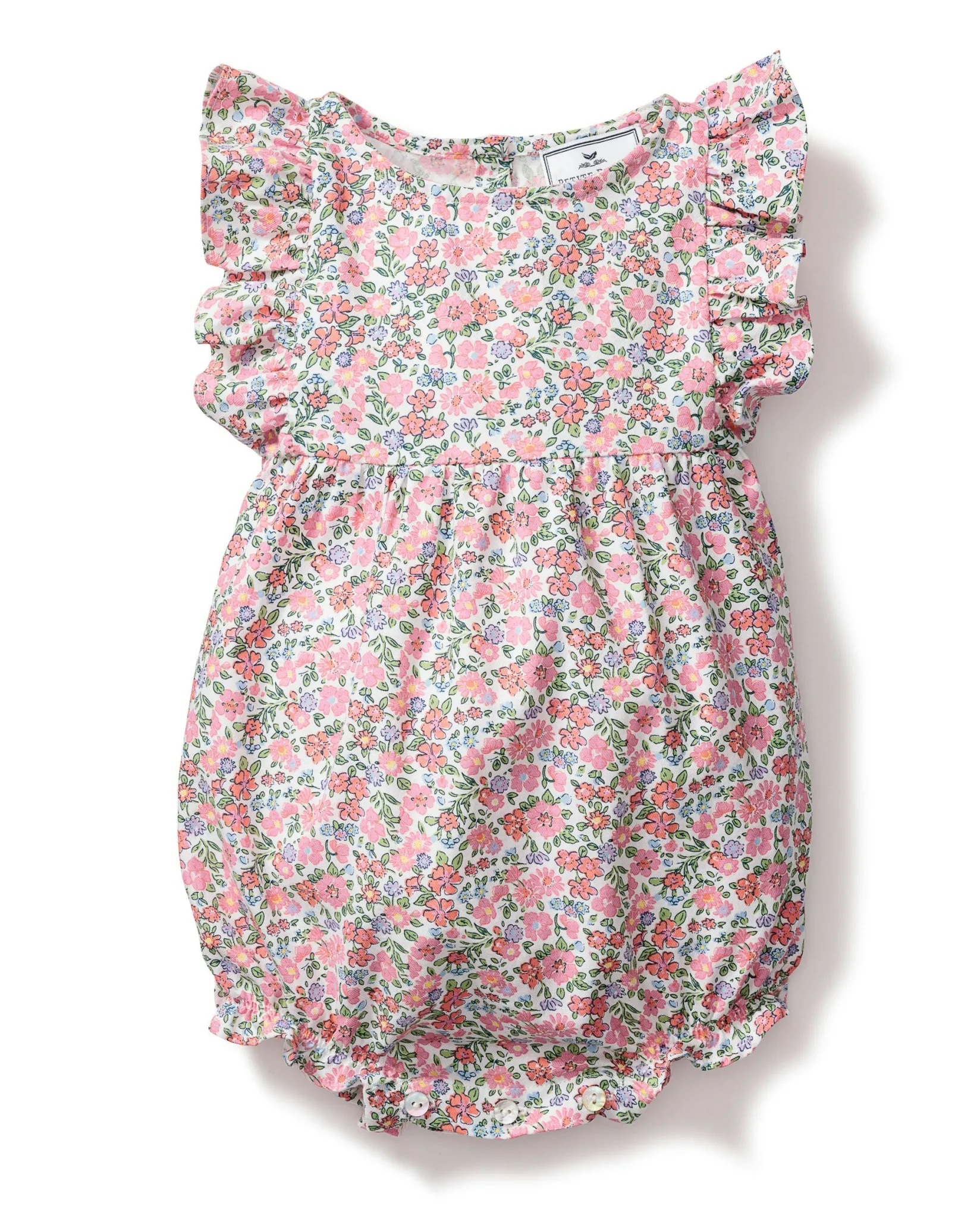 Petite Plume Baby Twill Ruffled Romper in Fleurs de Rose