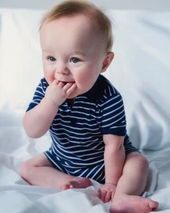 Petite Plume Baby's Pima Louis Play Romper in Navy Stripes