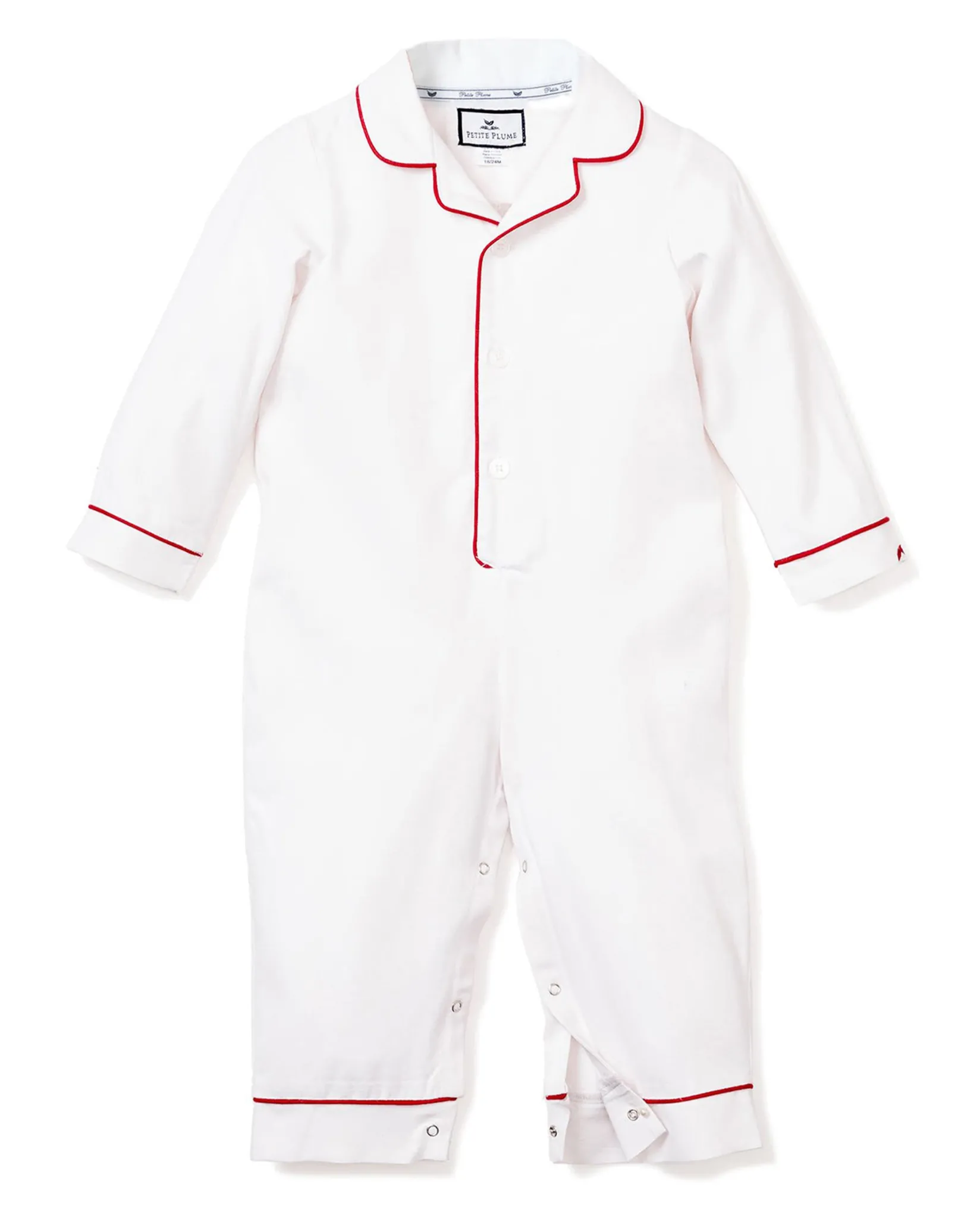 Petite Plume Baby's Twill Romper in White with Red Piping