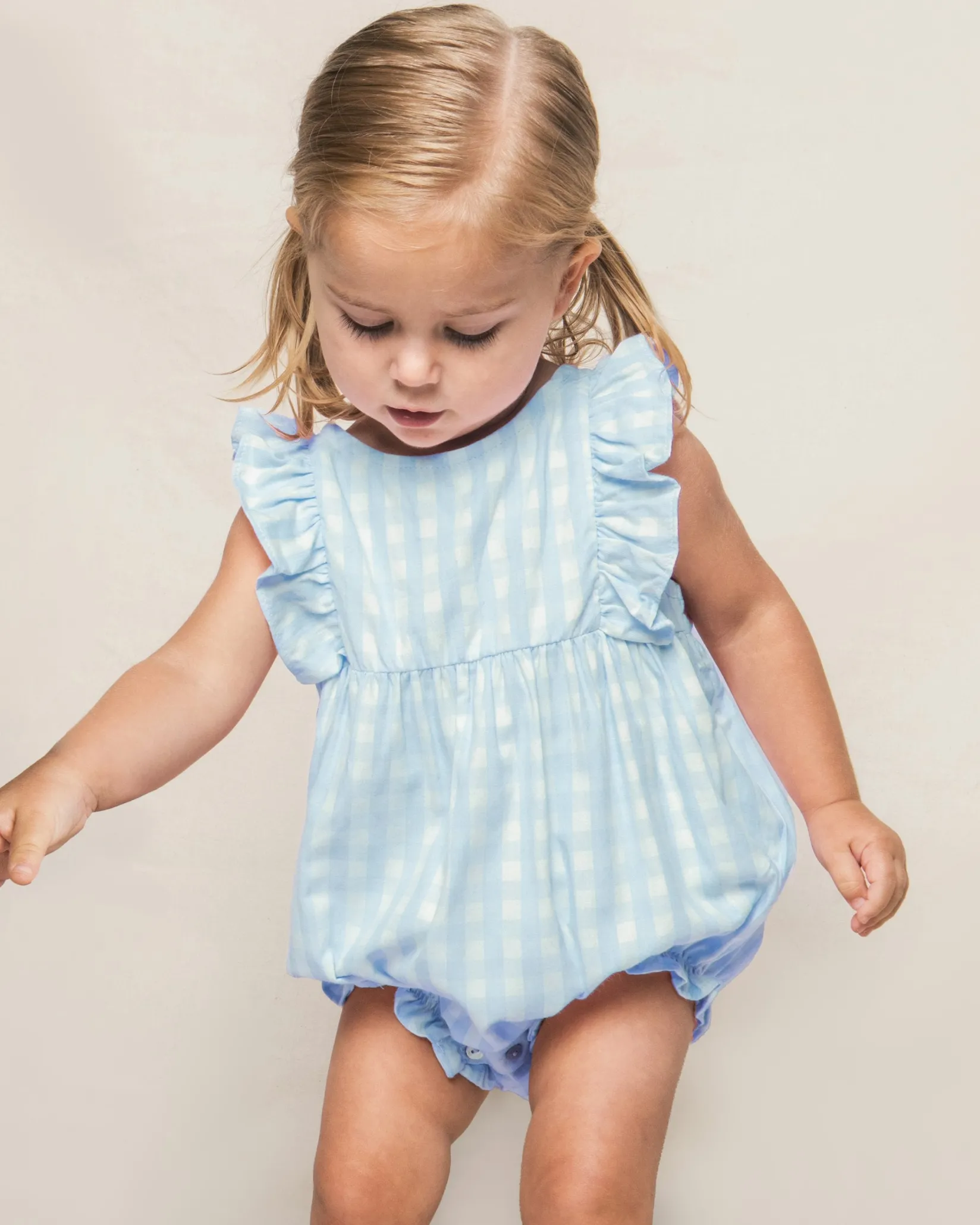 Petite Plume Baby's Twill Ruffled Romper in Light Blue Gingham