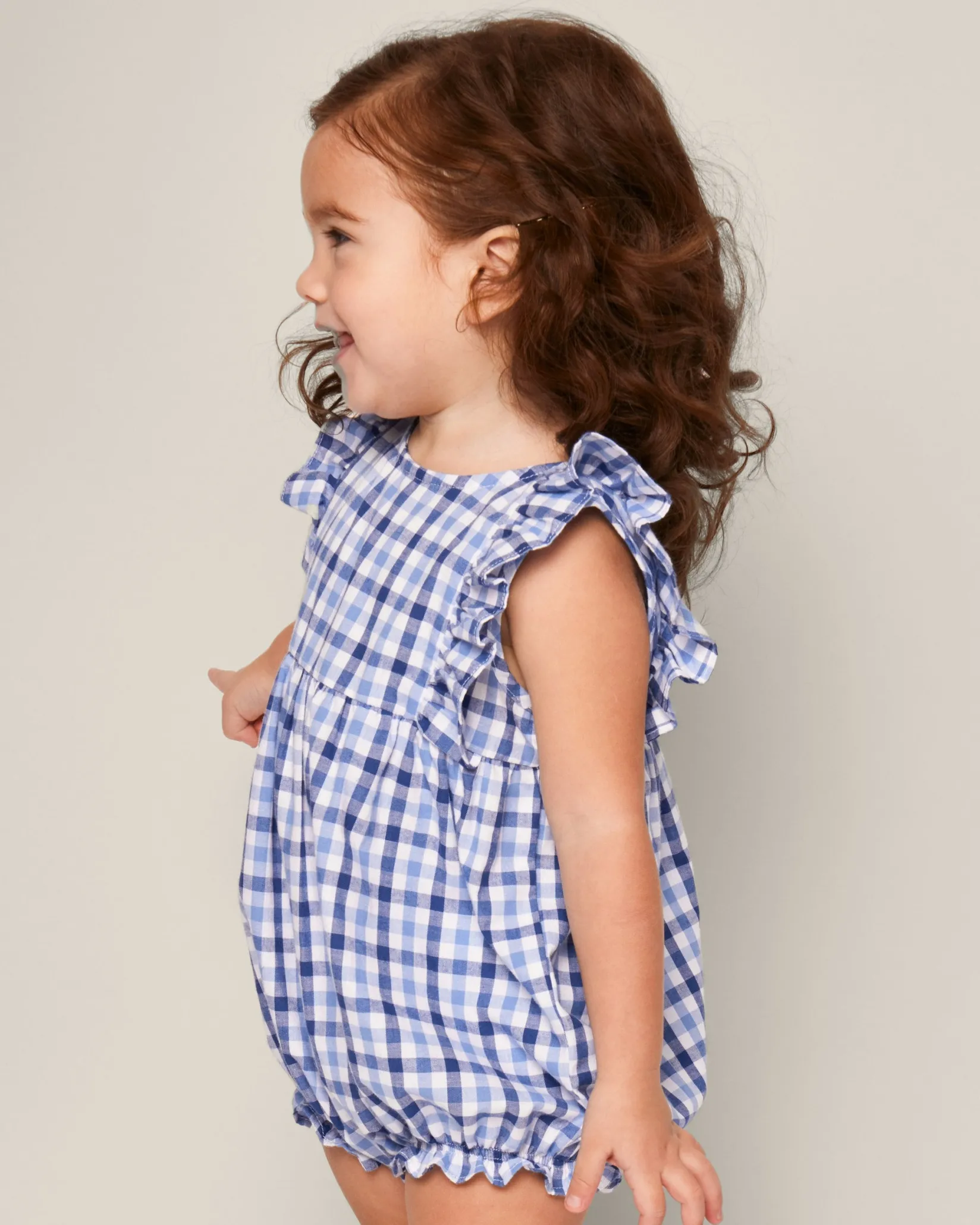 Petite Plume Baby's Twill Ruffled Romper in Light Blue Gingham