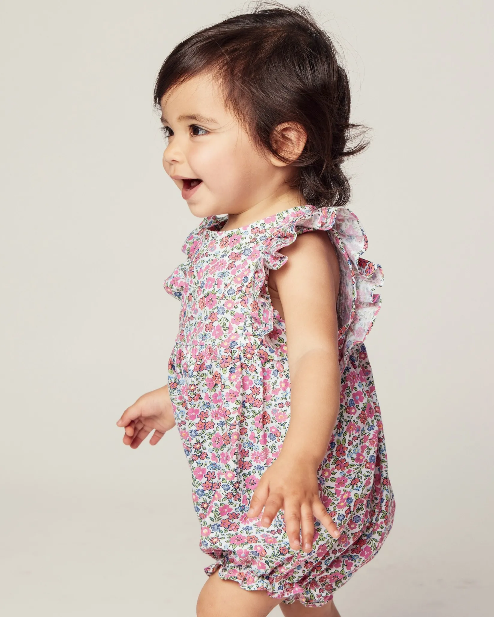 Petite Plume Baby's Twill Ruffled Romper in Fleur D'Azur