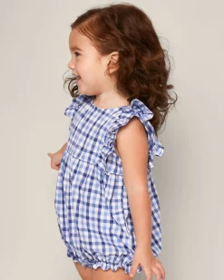 Petite Plume Baby's Twill Ruffled Romper in Royal Blue Gingham