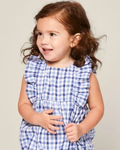 Petite Plume Baby's Twill Ruffled Romper in Royal Blue Gingham