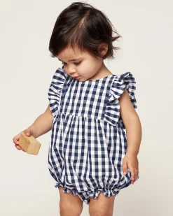 Petite Plume Baby's Twill Ruffled Romper in Navy Gingham