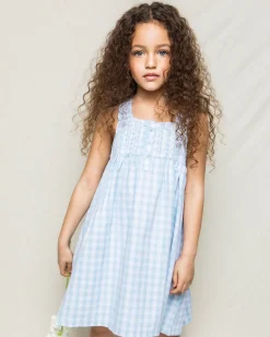 Kids Petite Plume Girl's Twill Charlotte Nightgown in Light Blue Gingham