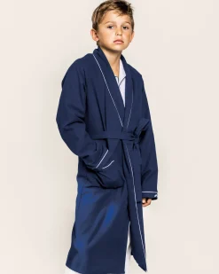 Kids Petite Plume Kid's Flannel Robe in Navy with White Piping