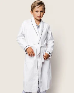 Kids Petite Plume Kid's Flannel Robe in White with Navy Piping