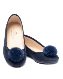 Kids Petite Plume Kid's Juliette Slipper in Navy Suede with a Festive Pom