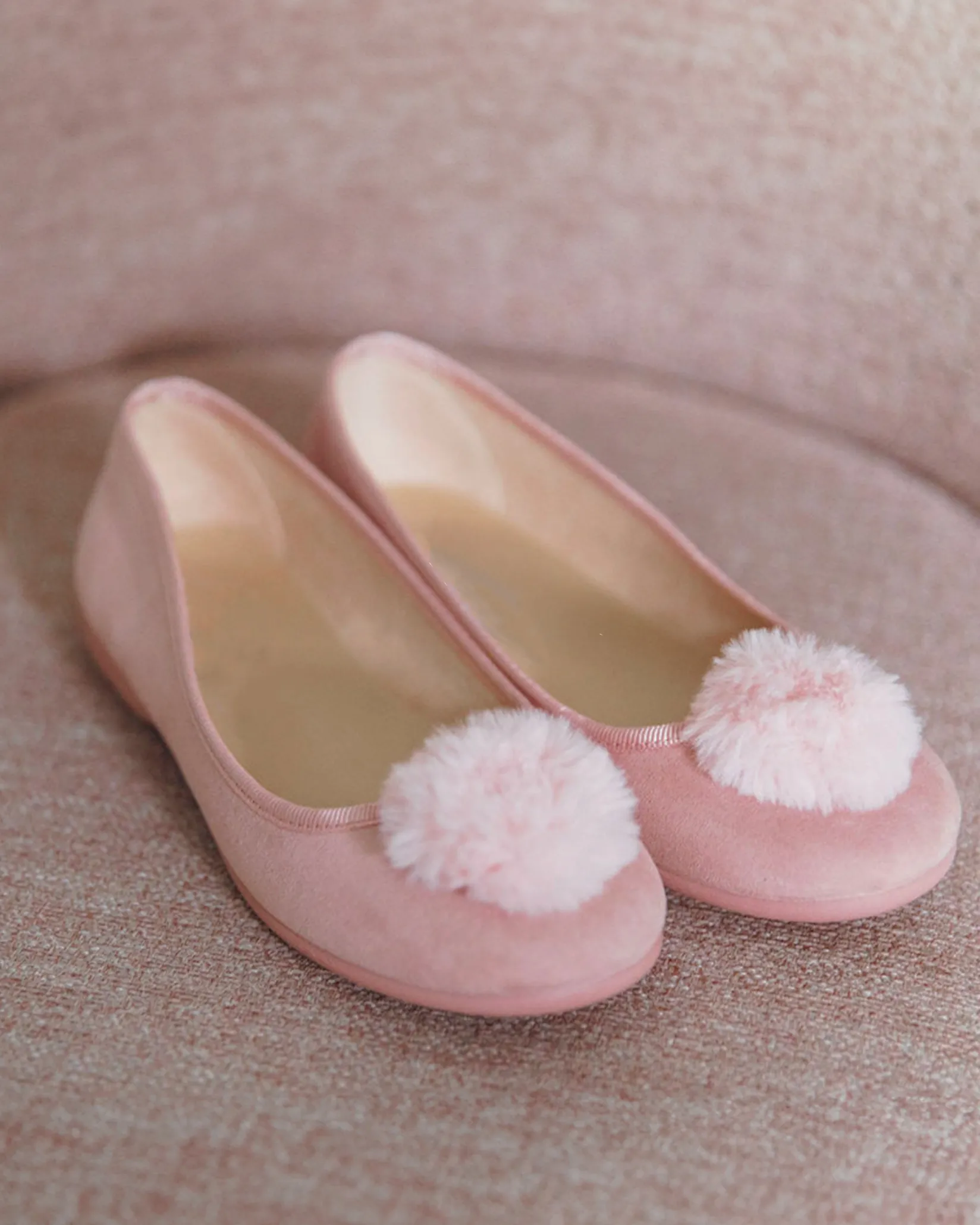 Kids Petite Plume Kid's Juliette Slipper in Antique Rose Suede with a Festive Pom