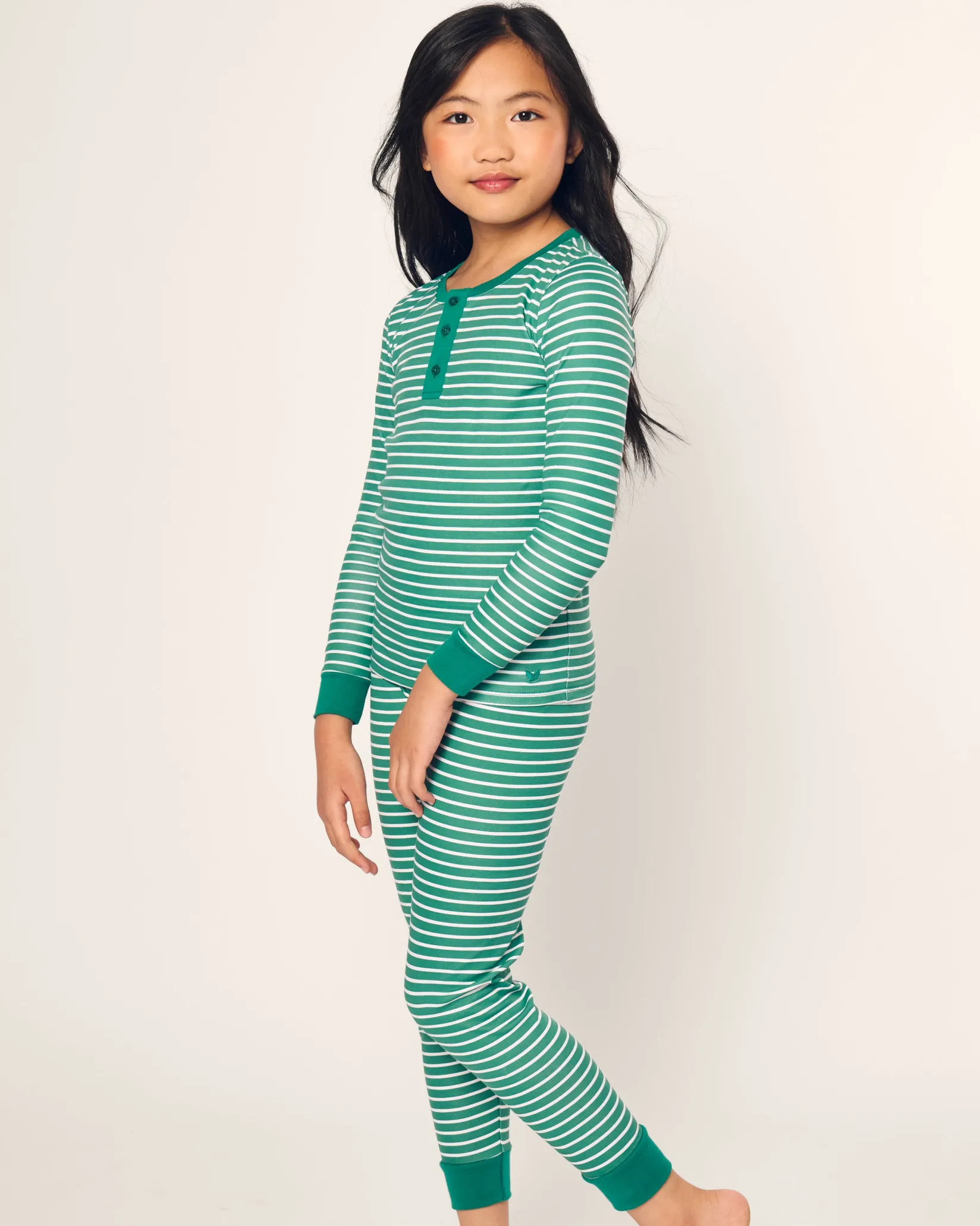 Kids Petite Plume Kid's Pima Snug Fit Pajama Set in Green Stripe