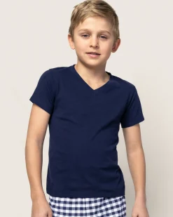 Kids Petite Plume Kid's Pima V-Neck Top in Navy