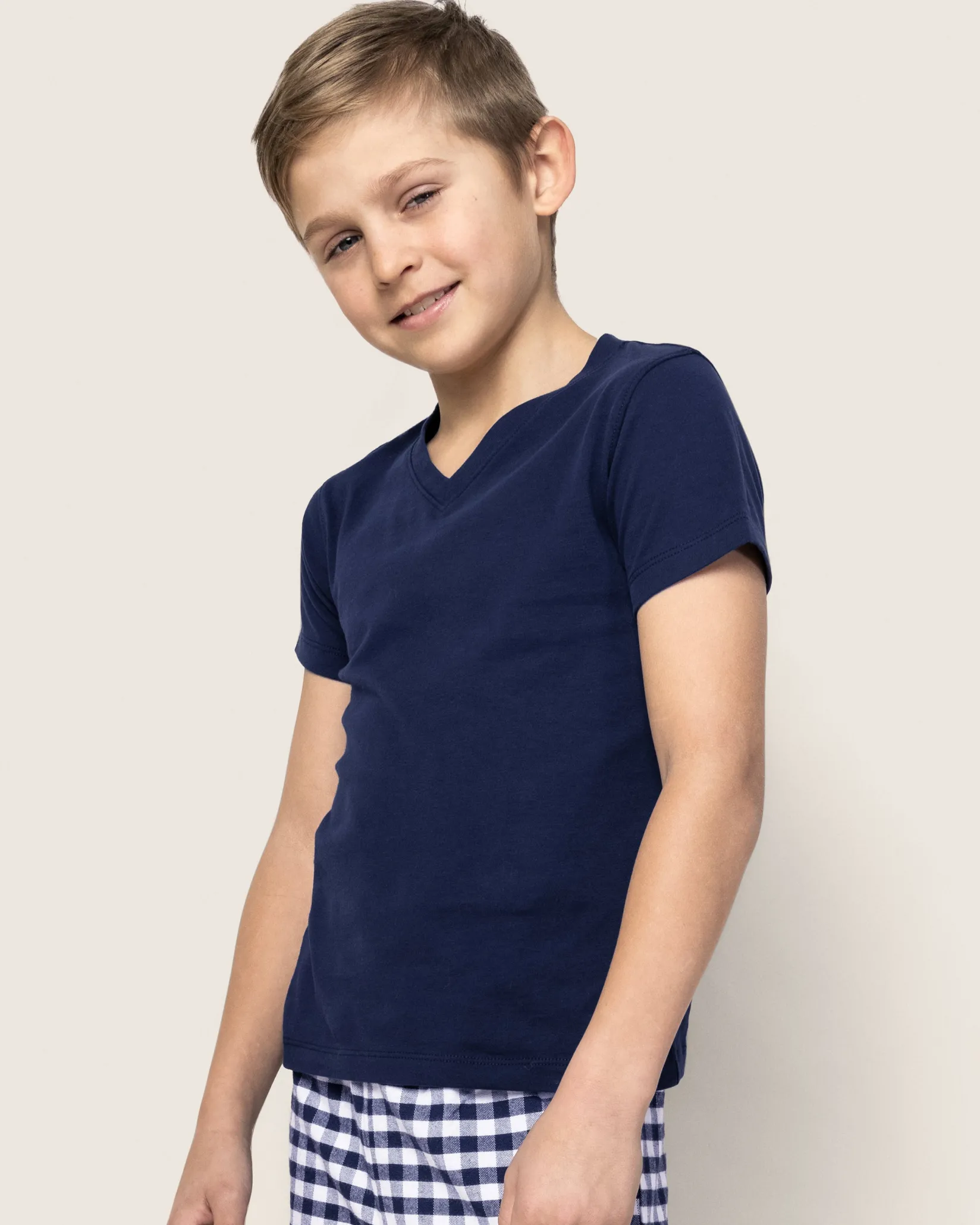 Kids Petite Plume Kid's Pima V-Neck Top in Navy
