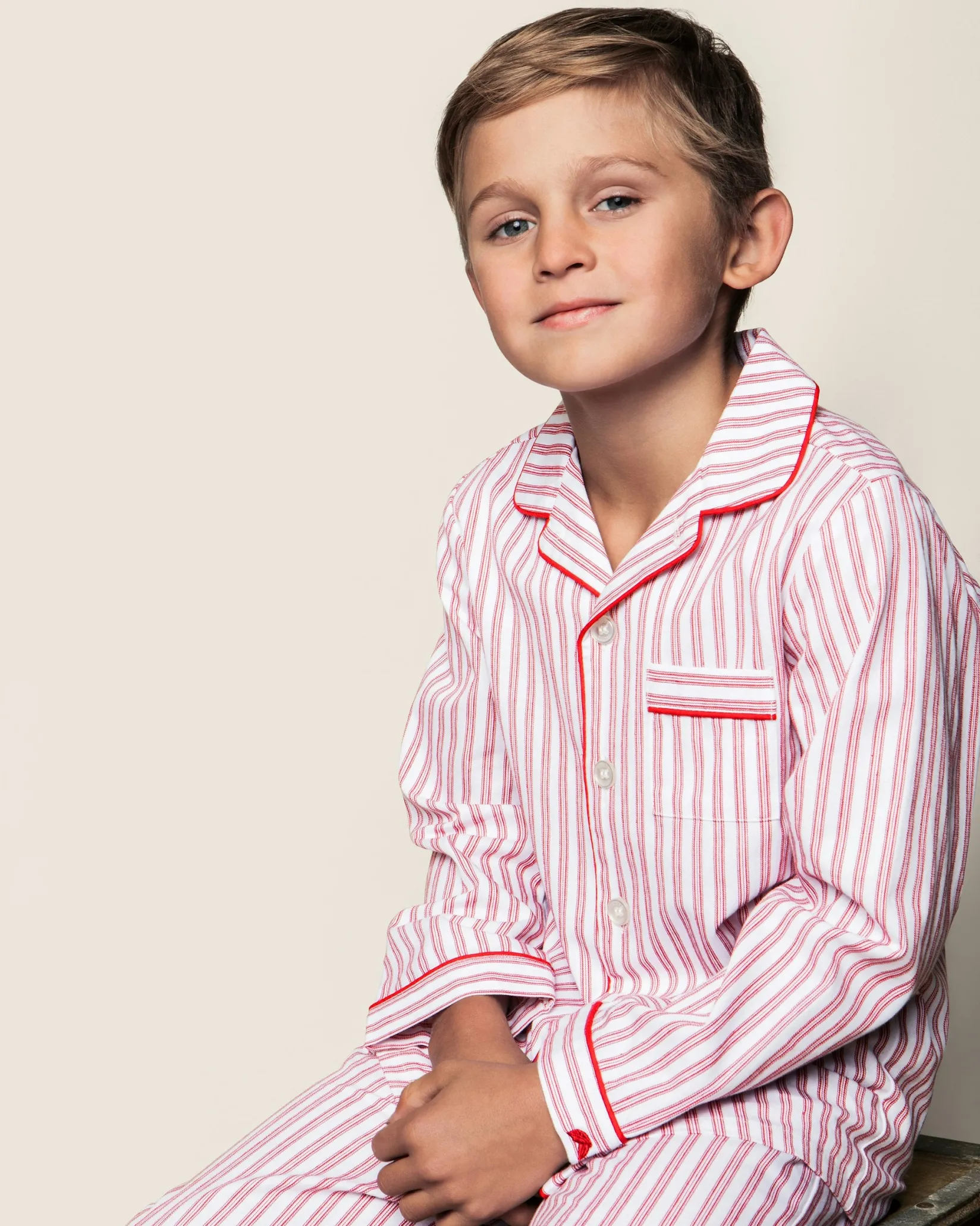 Kids Petite Plume Kid's Twill Pajama Set in Antique Red Ticking