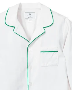 Kids Petite Plume Kid's Twill Pajama Set in White with Green Piping