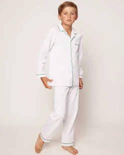 Kids Petite Plume Kid's Twill Pajama Set in White with Green Piping
