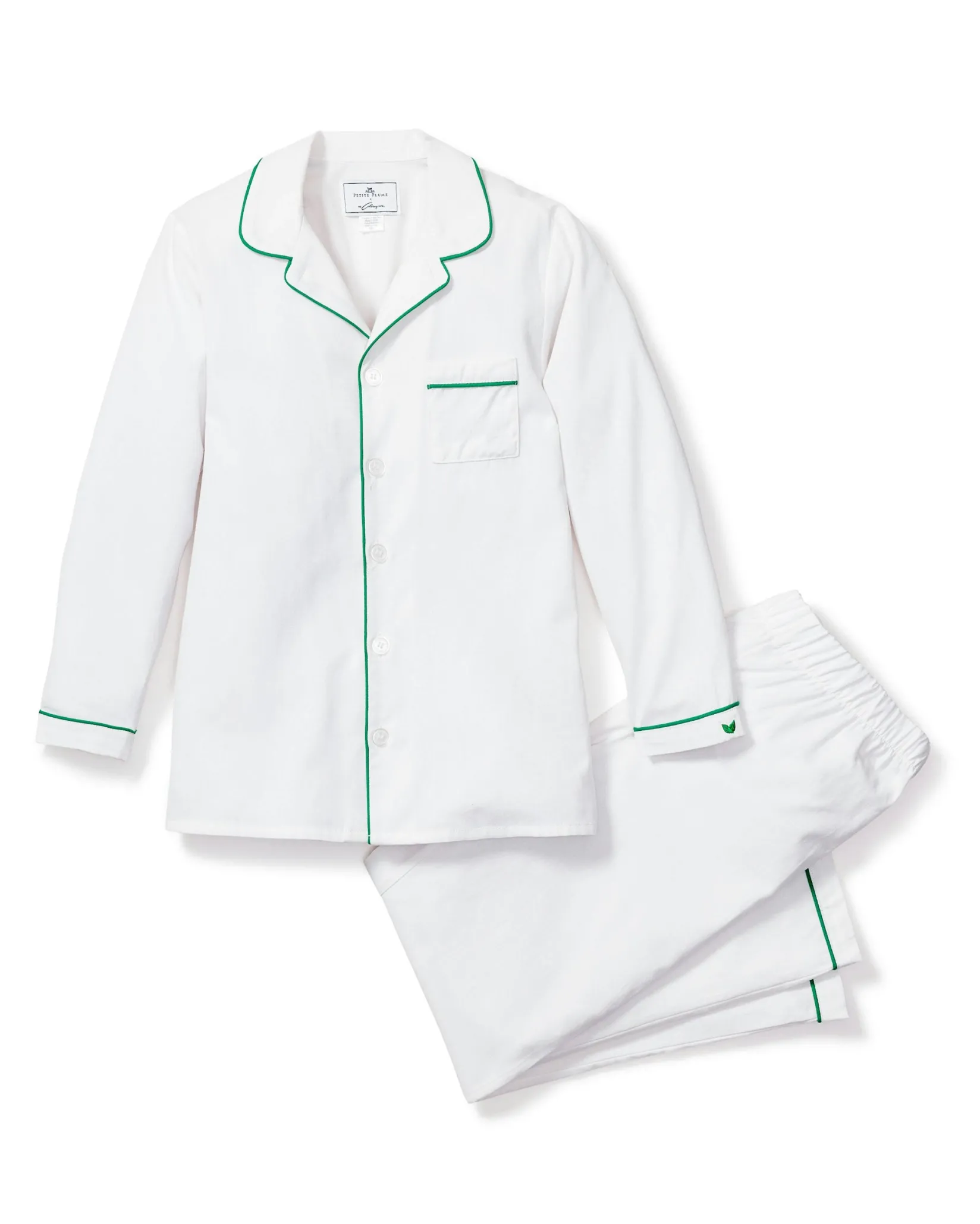 Kids Petite Plume Kid's Twill Pajama Set in White with Pink Piping