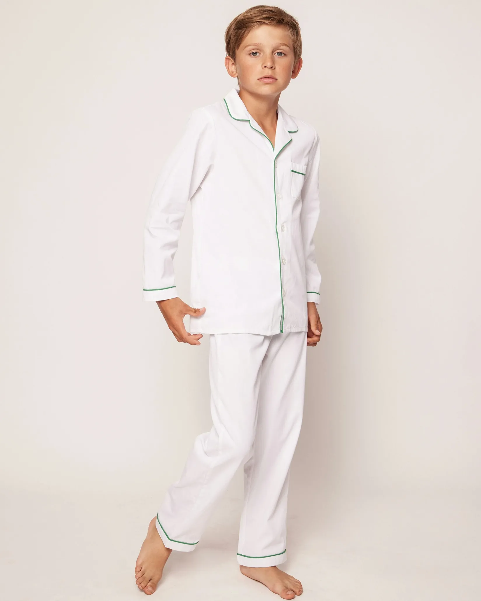Kids Petite Plume Kid's Twill Pajama Set in White with Pink Piping