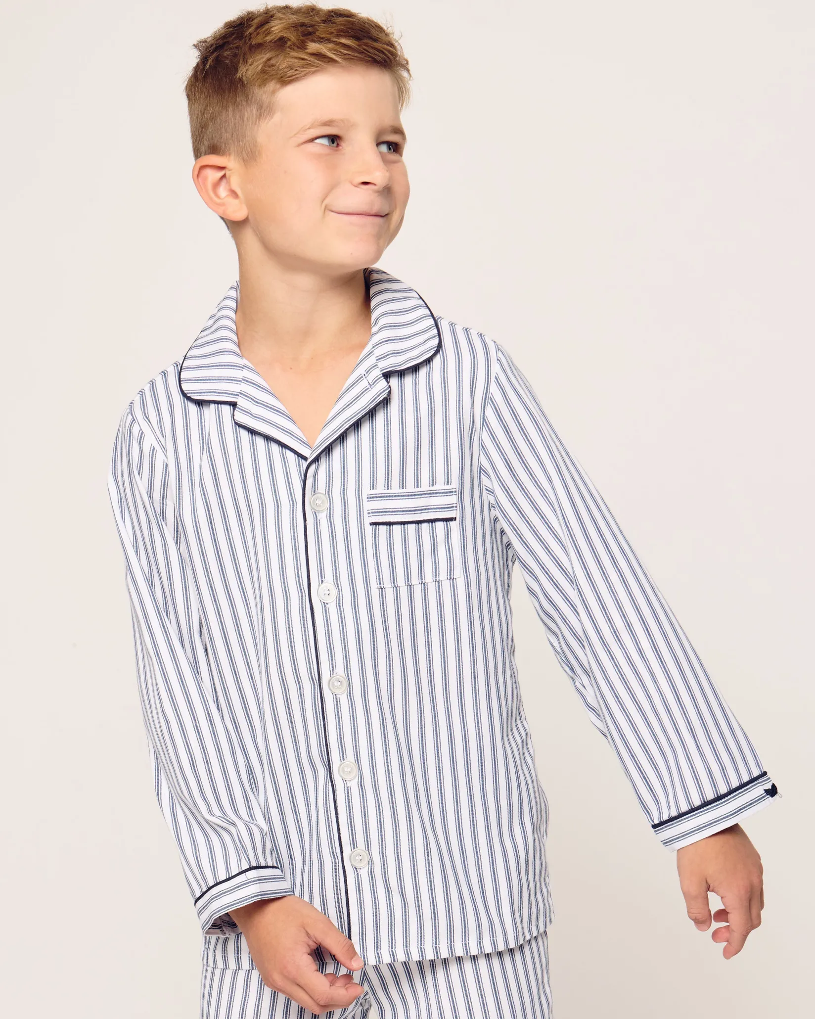 Kids Petite Plume Kid's Twill Pajama Set in Navy French Ticking