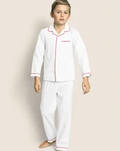 Kids Petite Plume Kid's Twill Pajama Set in White with Red Piping