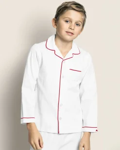 Kids Petite Plume Kid's Twill Pajama Set in White with Red Piping
