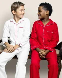 Kids Petite Plume Kid's Twill Pajama Set in White with Red Piping