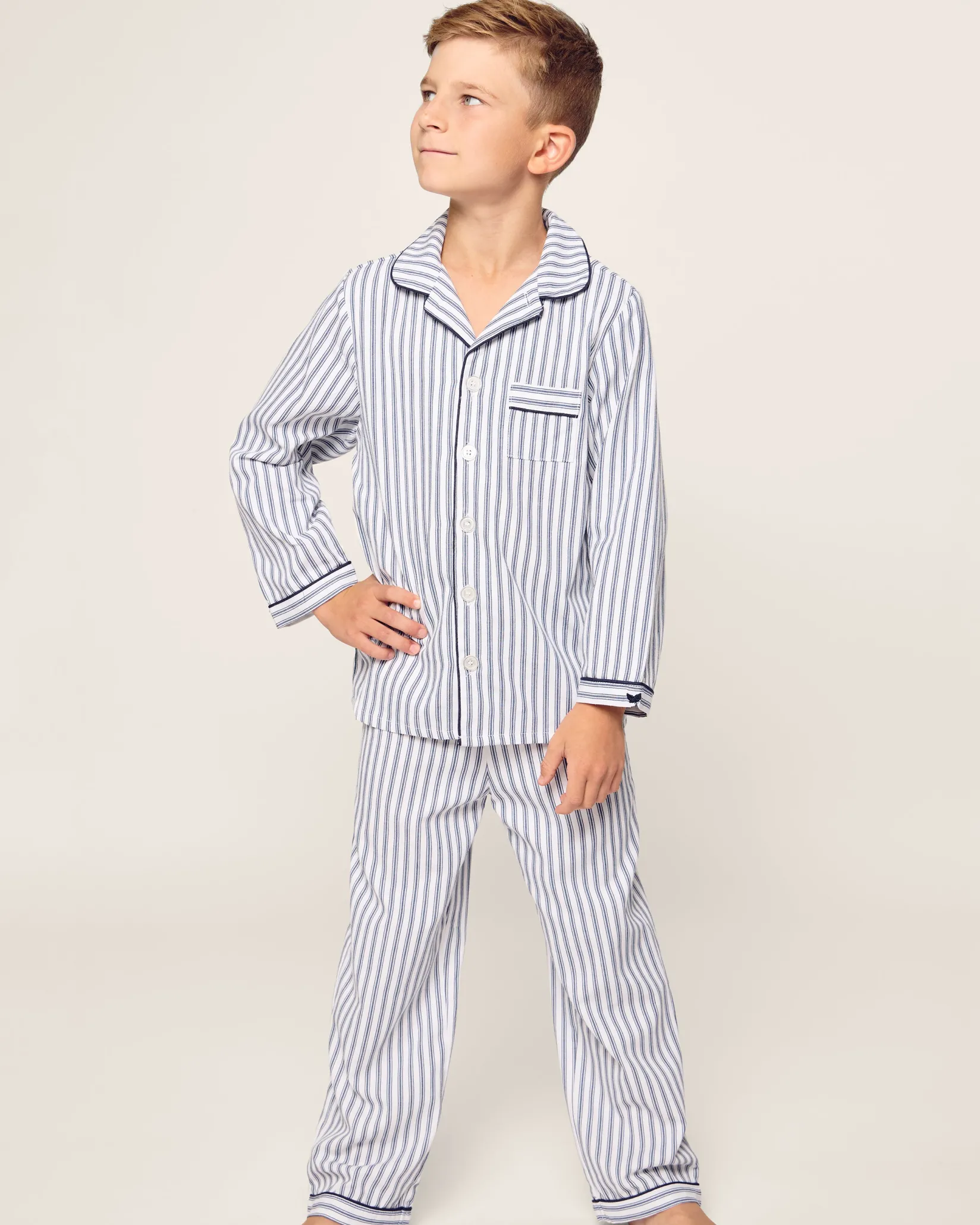 Kids Petite Plume Kid's Twill Pajama Set in Emerald Ticking