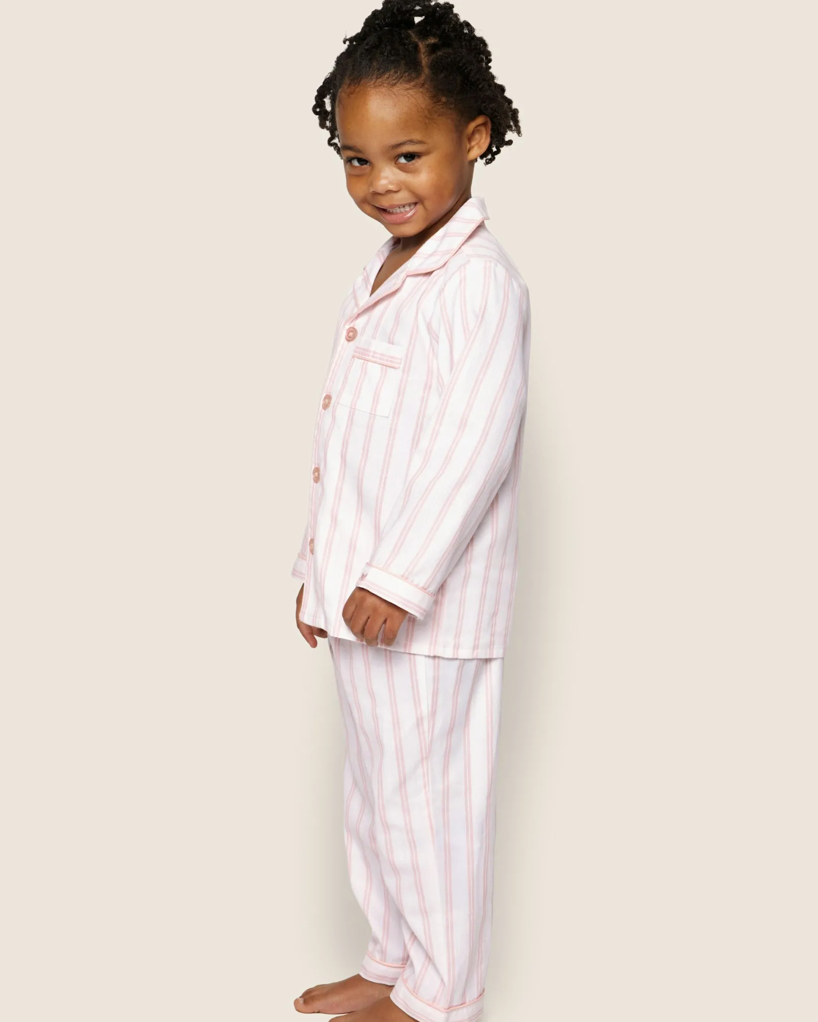 Kids Petite Plume Kid's Twill Pajama Set in Pink and White Stripe