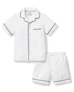 Kids Petite Plume Kid's Twill Pajama Short Set in White with Navy Piping