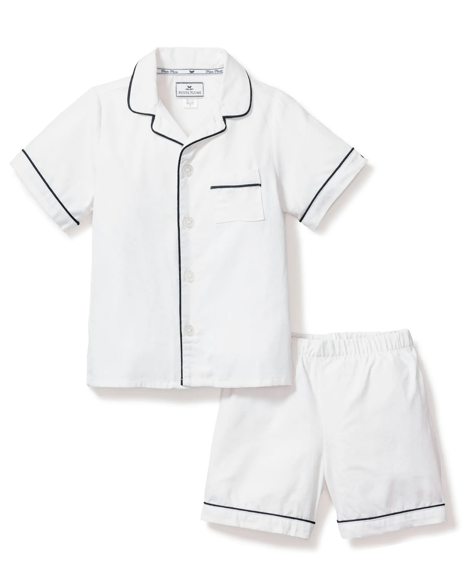 Kids Petite Plume Kid's Twill Pajama Short Set in White with Navy Piping