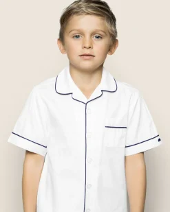 Kids Petite Plume Kid's Twill Pajama Short Set in White with Navy Piping