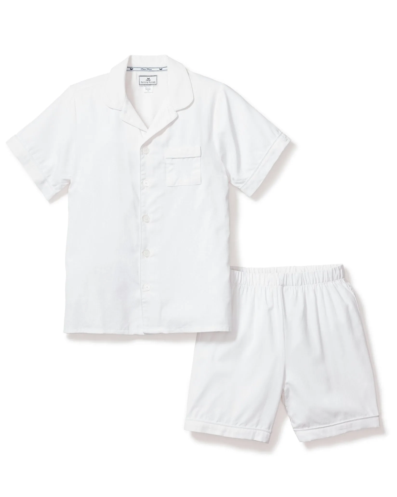 Kids Petite Plume Kid's Twill Pajama Short Set in White with Navy Piping