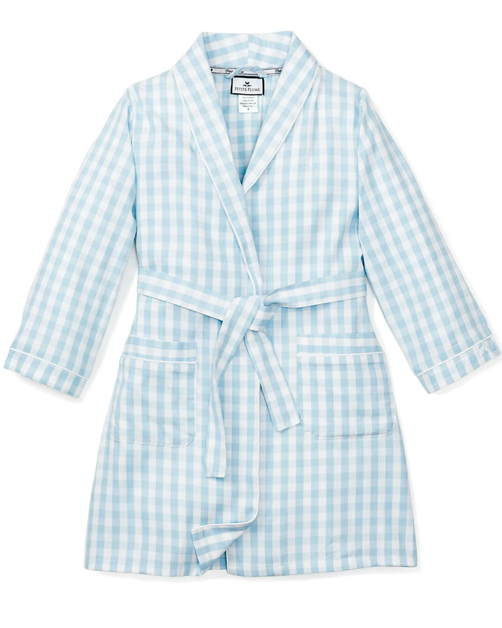 Kids Petite Plume Kid's Twill Robe in Light Blue Gingham