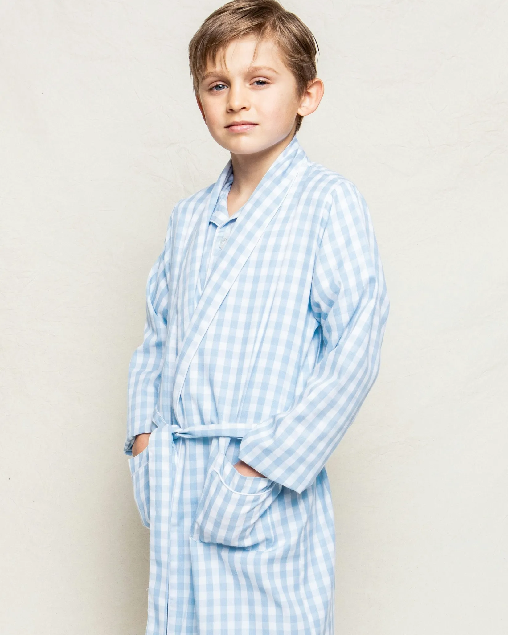 Kids Petite Plume Kid's Twill Robe in Light Blue Gingham