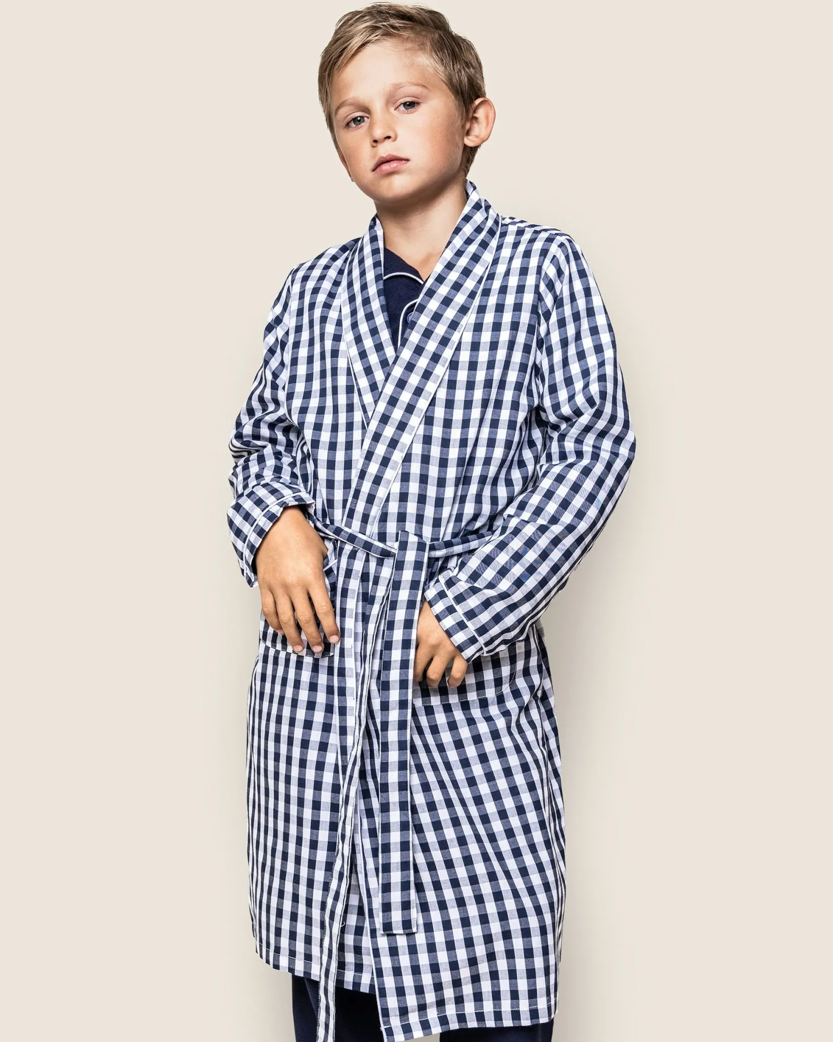 Kids Petite Plume Kid's Twill Robe in Navy Gingham
