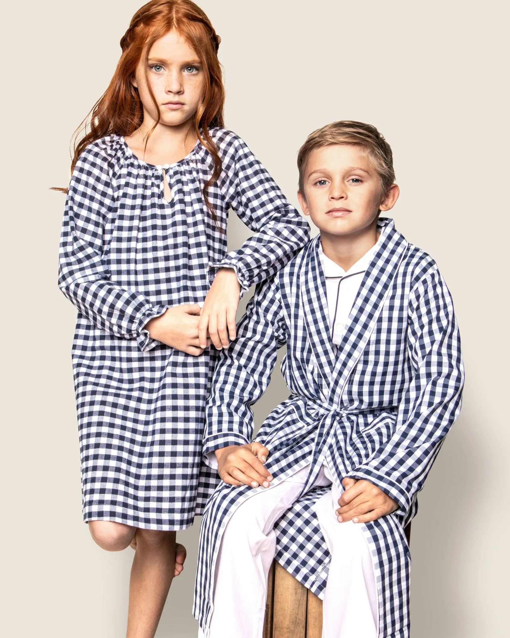 Kids Petite Plume Kid's Twill Robe in Navy Gingham