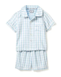 Kids Petite Plume Kid's Twill Short Set in Light Blue Gingham