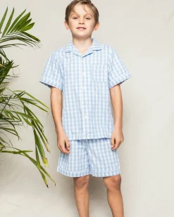 Kids Petite Plume Kid's Twill Short Set in Light Blue Gingham