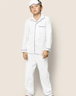 Kids Petite Plume Kid's Twill White Pajama Set in White with Navy Piping
