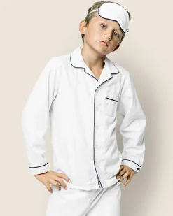Kids Petite Plume Kid's Twill White Pajama Set in White with Navy Piping