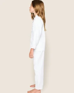 Kids Petite Plume Kid's Twill White Pajama Set in White with Navy Piping