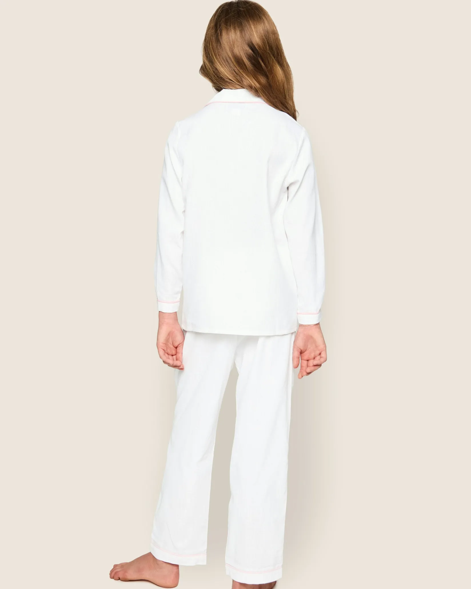 Kids Petite Plume Kid's Twill White Pajama Set in White with Navy Piping
