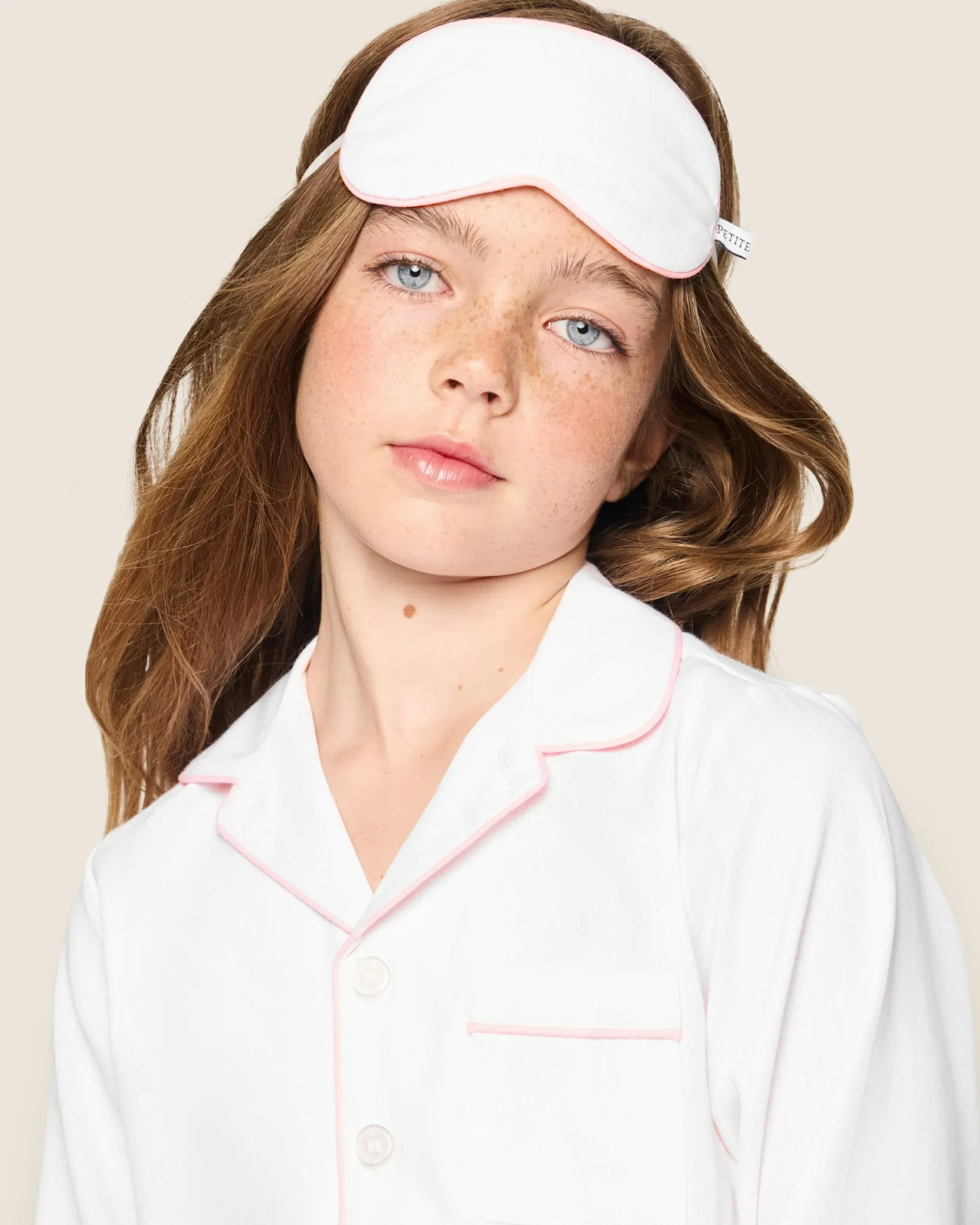 Kids Petite Plume Kid's Twill White Pajama Set in White with Navy Piping