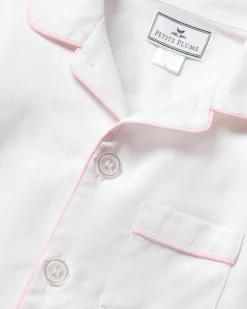 Kids Petite Plume Kid's Twill White Pajama Set in White with Navy Piping