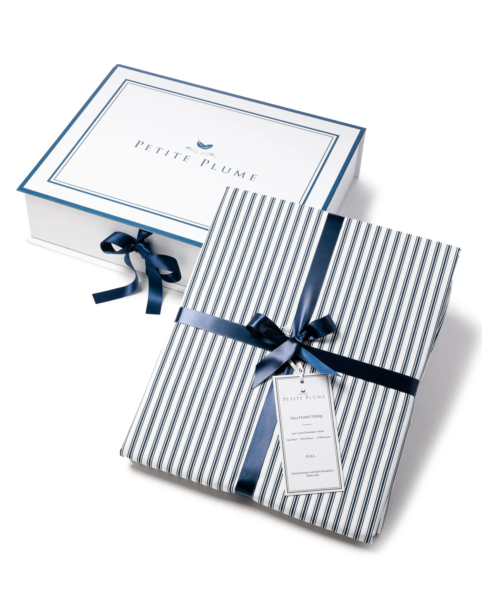 Petite Plume Luxe Premium Cotton Bed Sheets in Navy French Ticking