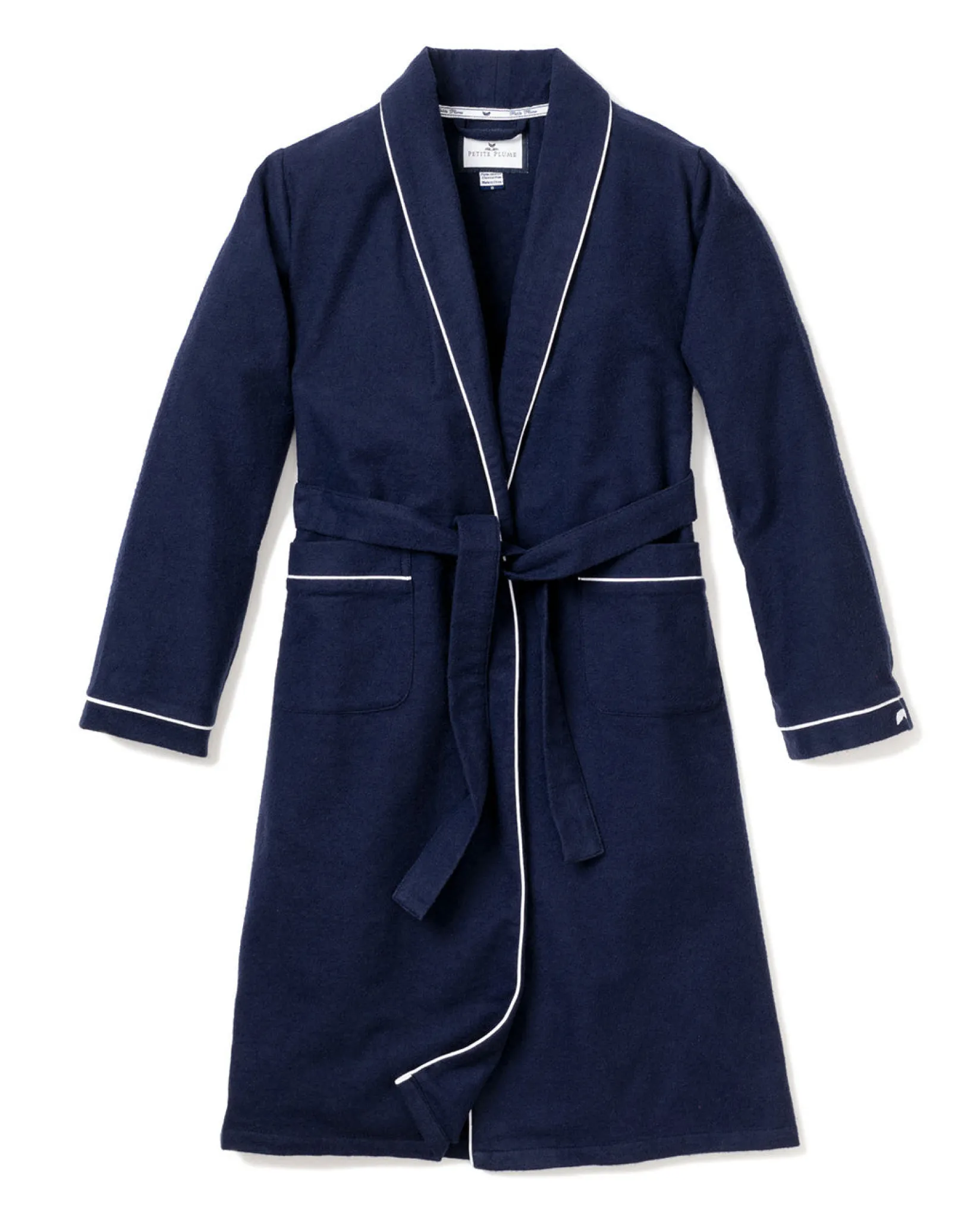 Petite Plume Men's Flannel Robe in Navy with White Piping