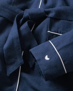 Petite Plume Men's Flannel Robe in Navy with White Piping