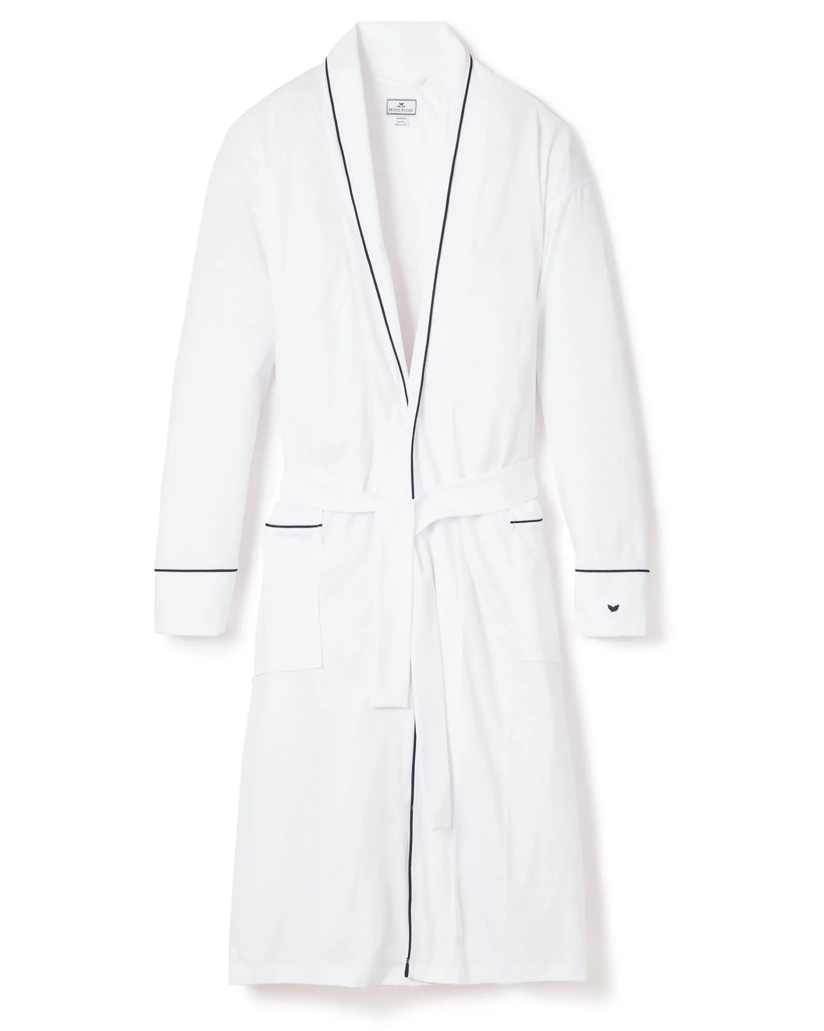 Petite Plume Men's Pima Robe in White with Navy Piping