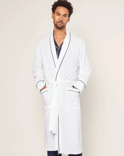 Petite Plume Men's Pima Robe in White with Navy Piping