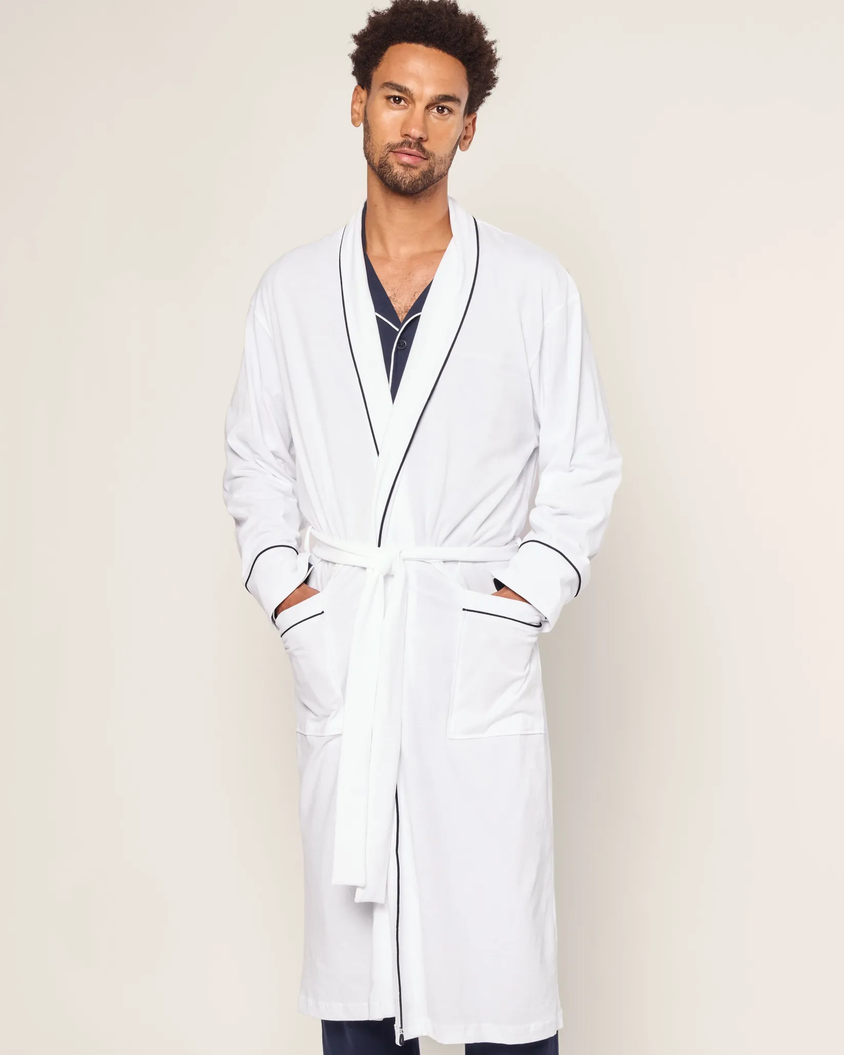 Petite Plume Men's Pima Robe in White with Navy Piping